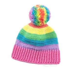 Pastel Rainbow Bobble Hat, Colourful Crochet Pom Pom Beanie, Fairy Kei Yume Kawaii, Womens Candy Colour Hat, Girls Cute Pastel Knit Beanie Multicoloured