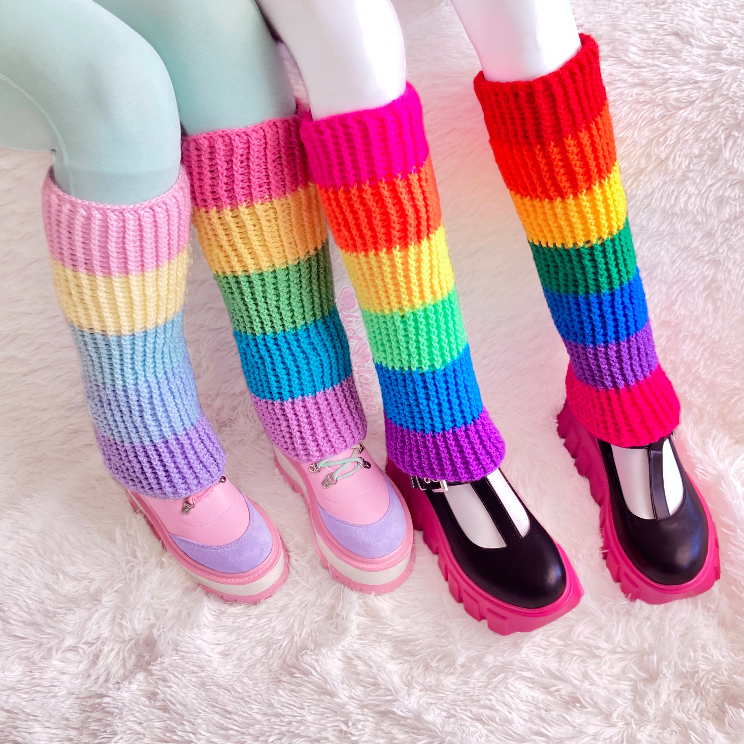Neon Rainbow Leg Warmers, Cyber Goth Striped Flared Boot