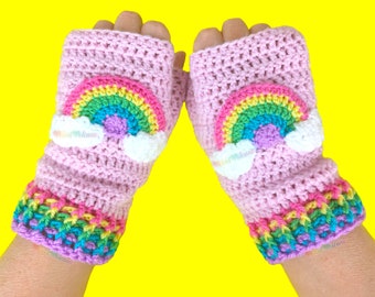Pastel Rainbow Cloud Fingerless Gloves, Fairy Kei Wrist Warmers, Pink Crochet Texting Gloves, Yume Kawaii Knit Mitts, Soft Aesthetic Gift
