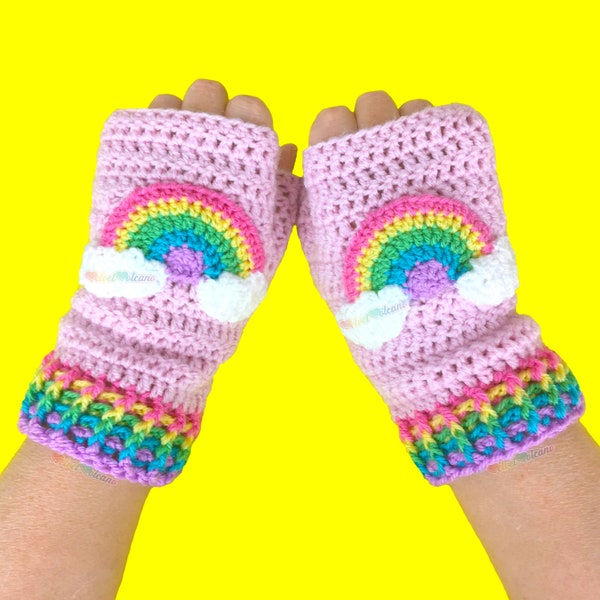 Pastellfarbene Regenbogen Wolke Fingerlose Handschuhe, Fee Kei Pulswärmer, Rosa Häkelhandschuhe, Yume Kawaii Strickhandschuhe, Weiches ästhetisches Geschenk