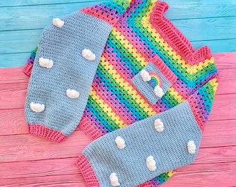 Pastel Rainbow Striped Sweater with Cloud Print Sleeves, Crochet Crop Top, Fairy Kei Striped Jumper, Kawaii Girls Cute Womens Sweatshirt