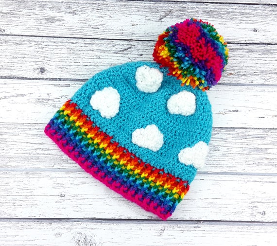 Rainbow Cloud Winter Bobble Hat Sky Print Unisex Adult Beanie