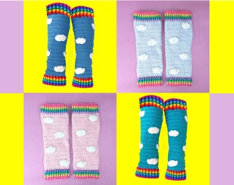 May include: Four pairs of crocheted leg warmers with a rainbow stripe and cloud design. The leg warmers are in blue, pink, and turquoise.