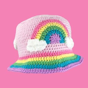 Pastel Rainbow Cloud Bucket Hat, Crochet Sun Hat, Kawaii Festival Hat, Cute Pink Beach Hat, Fairy Kei Aesthetic, Yume Kawaii Cloudy Sky Hat