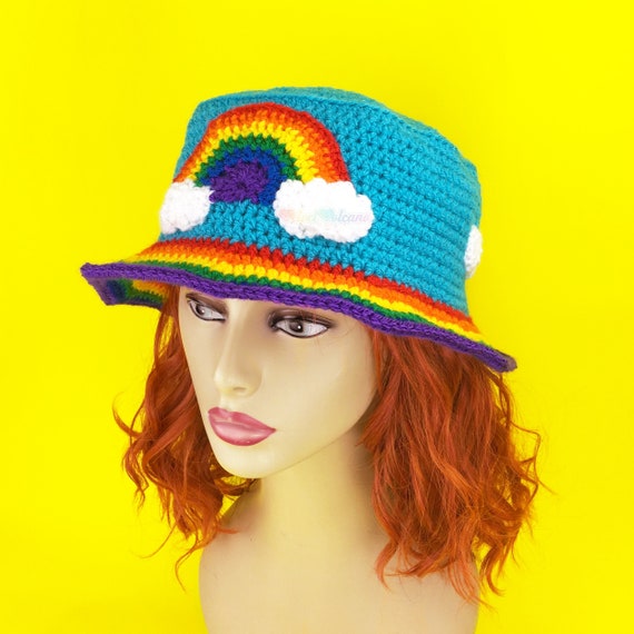 Rainbow Cloud Bucket Hat, Colorful Crochet Sun Hat, Decora Festival Hat,  Turquoise Beach Hat, Rainbow Boat Hat, Rave Wear, Cloudy Sky Hat 