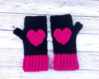 Heart Gloves, Custom Colour Crochet Fingerless Gloves with Heart Motifs, Black & Pink Womens Hand Warmers, Lovecore Girls Cute Wrist Warmers