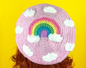 Pastel Rainbow Cloud Beret, Cloudy Pink Sky Hat, Yume Kawaii Crochet Beanie, Fairy Kei Girls Gift, Womens Sweet Lolita Beret, Soft Aesthetic