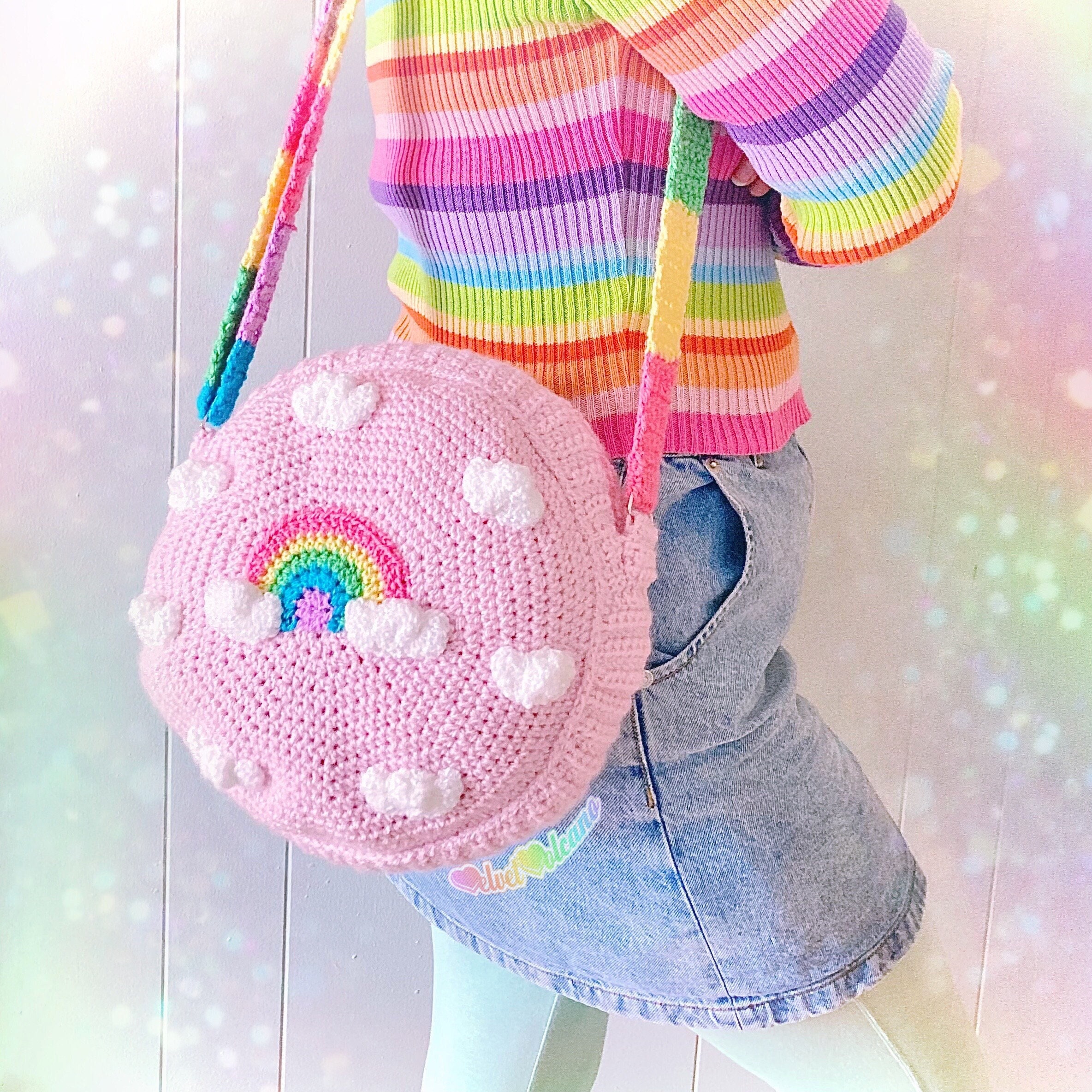 Rainbow Crochet Bag For Women, Cute Knitted Shoulder Bags, Clouds