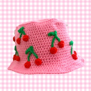 Cherry Print Bucket Hat, Crochet Sun Hat, Rockabilly Festival Hat, Pink or Custom Colour Summer Hat, Cottagecore Aesthetic, Kawaii Fruit Hat