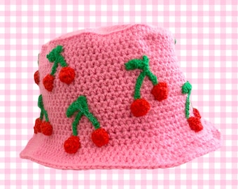 Cherry Print Bucket Hat, Crochet Sun Hat, Rockabilly Festival Hat, Pink or Custom Colour Summer Hat, Cottagecore Aesthetic, Kawaii Fruit Hat