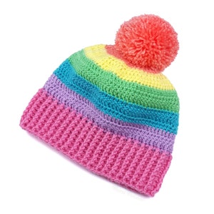 Pastel Rainbow Bobble Hat, Colourful Crochet Pom Pom Beanie, Fairy Kei Yume Kawaii, Womens Candy Colour Hat, Girls Cute Pastel Knit Beanie Peach