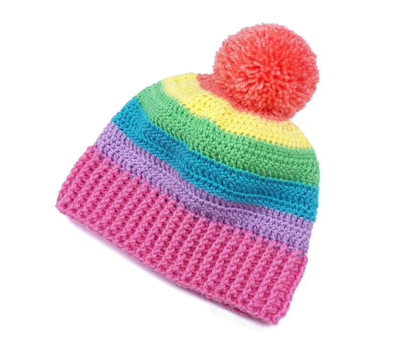 Pastel Rainbow Bobble Hat, Colourful Crochet Pom Pom Beanie, Fairy Kei Yume Kawaii, Womens Candy Colour Hat, Girls Cute Pastel Knit Beanie Peach