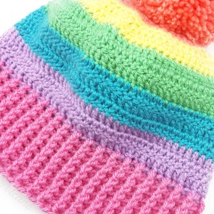 Pastel Rainbow Bobble Hat, Colourful Crochet Pom Pom Beanie, Fairy Kei Yume Kawaii, Womens Candy Colour Hat, Girls Cute Pastel Knit Beanie image 3
