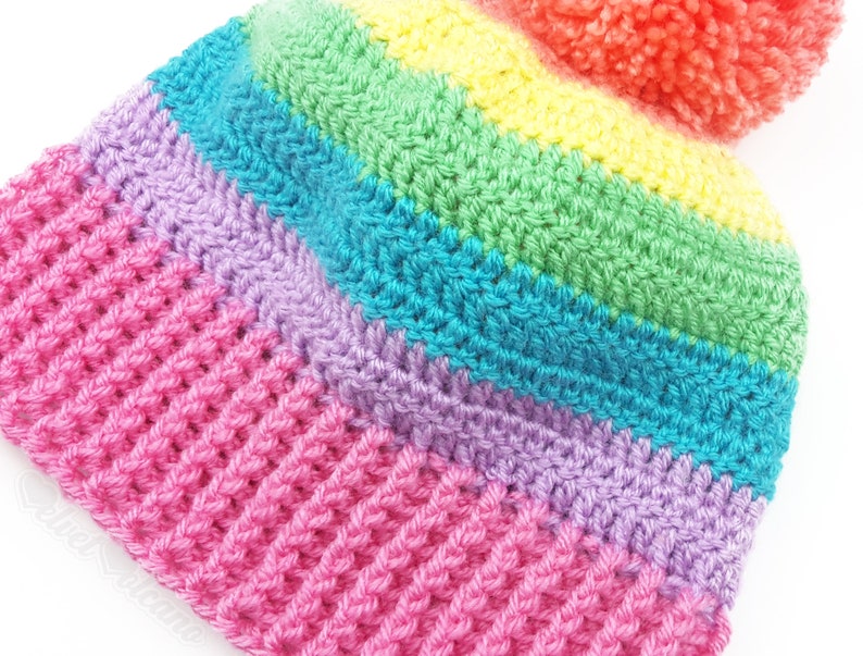 Pastel Rainbow Bobble Hat, Colourful Crochet Pom Pom Beanie, Fairy Kei Yume Kawaii, Womens Candy Colour Hat, Girls Cute Pastel Knit Beanie image 3