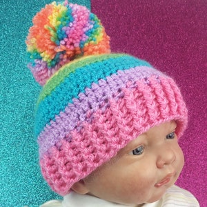 Pastel Rainbow Bobble Hat, Colourful Crochet Pom Pom Beanie, Fairy Kei Yume Kawaii, Womens Candy Colour Hat, Girls Cute Pastel Knit Beanie image 7