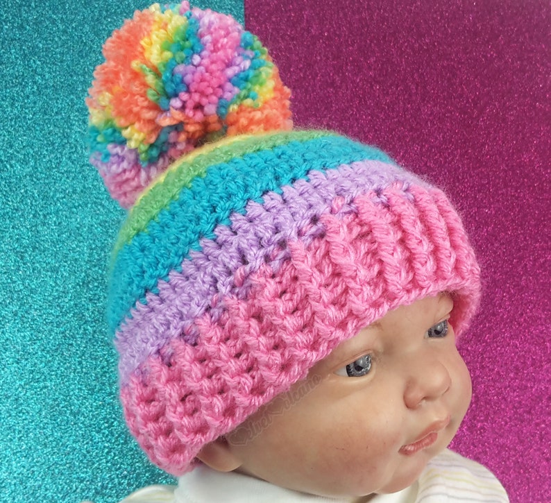 Pastel Rainbow Bobble Hat, Colourful Crochet Pom Pom Beanie, Fairy Kei Yume Kawaii, Womens Candy Colour Hat, Girls Cute Pastel Knit Beanie image 7