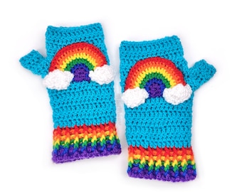 Bright Rainbow Cloud Fingerless Gloves, Colourful Wrist Warmers, Blue Crochet Texting Gloves, Kawaii Hand Warmers, Womens Turquoise Gloves