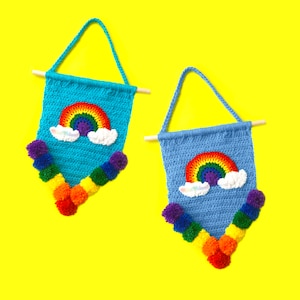 Rainbow Wall Hanging, Cloud Wall Art, Colourful Enamel Pin Banner, Kawaii Pom Pom Pennant Flag, Kids Playroom & Quirky Craft Room Home Decor