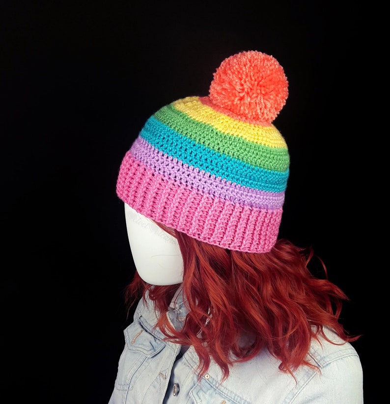 Pastel Rainbow Bobble Hat, Colourful Crochet Pom Pom Beanie, Fairy Kei Yume Kawaii, Womens Candy Colour Hat, Girls Cute Pastel Knit Beanie image 1
