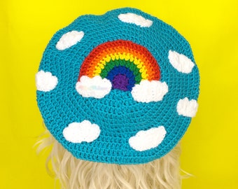 Bright Rainbow Cloud Beret, Turquoise Crochet Beret, Kawaii Knit Beanie, Colourful Womens Hat, Cloudy Blue Sky Hat, Funky Festival Headwear