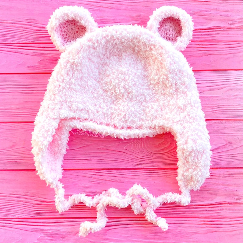 Pastel Fuzzy Teddy Bear Earflap Hat, Fluffy Bear Beanie, Kawaii Lilac or Baby Pink Faux Fur Crochet Hat, Cute Plush Animal Ear Winter Hat image 2