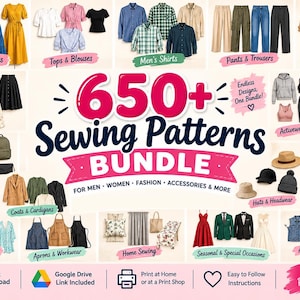 May include: A digital collection of 650+ sewing patterns bundle featuring various clothing items including dresses, shirts, pants, jackets, activewear, loungewear, bags, hats, and aprons with text labels for each category and download icons.