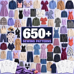 Puede incluir: Una colección de más de 650 patrones de costura con diversas prendas como vestidos, camisas, faldas, chaquetas y pantalones, junto a una muestra de tela morada y dos carretes de hilo sobre un fondo blanco.