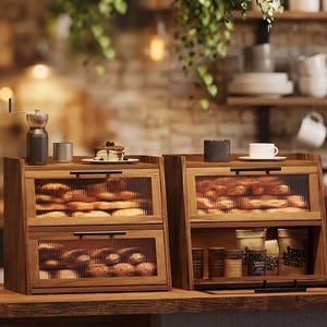 May include: Two wooden bread boxes with two tiers each, featuring fluted glass drop-down doors and black metal handles. The boxes are filled with various baked goods, including rolls and pastries, and are topped with small kitchen items like a coffee cup.