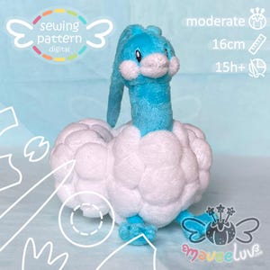 May include: A plush toy featuring a bright blue head and neck with a white, cloud-like, rounded body. The toy has small blue feet and a long, thin blue crest on its head. Text on the image includes sewing pattern digital, moderate, 16cm, and 15h+.
