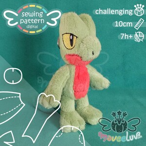 Könnte beinhalten: Ein hellgrünes Plüschtier mit einem roten Brustfleck und gelben Augen. Das Bild enthält den Text sewing pattern digital, challenging, 10cm und 7h+. Weiße Umrisse von Schnittmusterteilen sind auf der linken Seite des Bildes zu sehen.