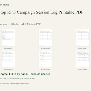 May include: A digital printable PDF set for tabletop RPG campaign session logs from Paper Orbit Studio. The document includes six distinct pages with tables for tracking game data, available in US Letter and A4 sizes for home printing.