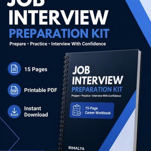Puede incluir: Un cuaderno de trabajo Job Interview Preparation Kit con encuadernación en espiral, cubierta azul oscuro y texto en blanco y azul claro. La portada muestra el título, el subtítulo Prepare, Practice, Interview With Confidence y un icono de 15-Page Career Workbook.