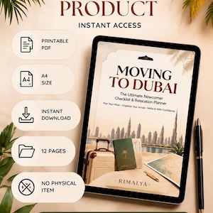 May include: A digital product display featuring a tablet showing a Moving to Dubai relocation planner cover with a skyline image, a suitcase, and a passport. Icons indicate printable PDF, A4 size, instant download, 12 pages, and no physical item.