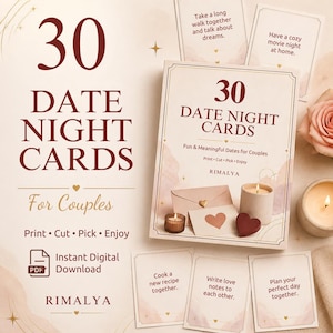 Pode incluir: Um conjunto de 30 cartões de encontro para casais com texto em vermelho escuro em papel creme. Os cartões incluem sugestões como Take a long walk together and talk about dreams, Have a cozy movie night at home, Cook a new recipe together, Write love notes to each other e Plan your perfect day together. O design inclui ilustrações de envelopes, corações e velas.