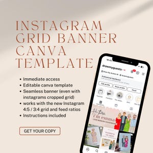 May include: A phone screen displaying a Canva template for an Instagram grid banner. The template features a cartoon illustration of a couple and the text "Hi there, I'm Emma". The text "Instagram Grid Banner Canva Template" is displayed on the left side of the image.