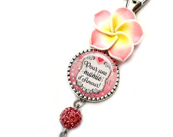 Porte clés, bijoux de sac pompon, pour une mamie d'amour, exotique, fleur, plaisir d'offrir, coffret cadeau inclus