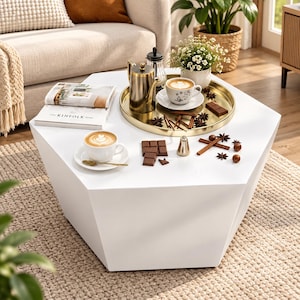 May include: A white hexagonal coffee table featuring a gold circular tray holding a metallic coffee pot, a white cup with latte art, a small potted plant, and chocolate pieces. A second white cup with latte art and a gold spoon sit on the table.