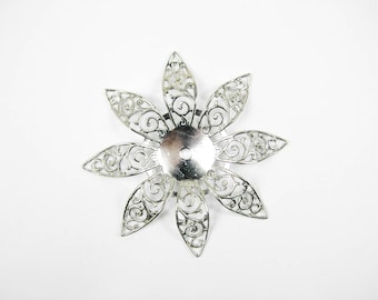 6 piezas de filigrana de plata estampado de flores grandes, latón plateado estampado joyería haciendo suministros