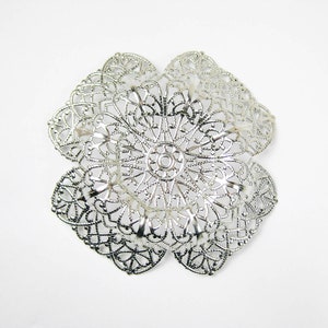 5 pcs Filigree Silver Stamping Large flower, Silver Plated Brass Stamping Jewelry Making Supplies