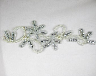 Rhinestone Pearl Applique, Beaded Rhinestone Trim, Crystal Pearl Applique, Bridal Dress Applique, Rhinestone Applique to Sew on Dress