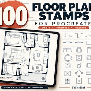 May include: A digital collection of 100 floor plan stamps for Procreate, featuring architectural icons for doors, furniture, and fixtures. The display shows a tablet with a detailed residential floor plan layout and a grid of individual stamp icons.