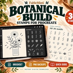 May include: A digital tablet displaying a Procreate interface with a floral line art drawing, accompanied by a printed index sheet showing 36 botanical stamp motifs. The text reads FableMinti BOTANICAL BUILD STAMPS FOR PROCREATE.