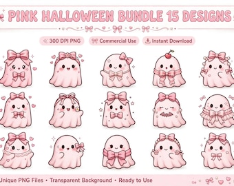 Pinkes Halloween-Geister-Bundle, Coquette Bow Designs (15 PNG-Dateien)