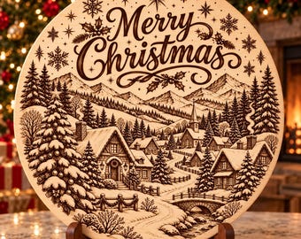 May include: A circular wooden plaque featuring a laser-engraved winter village scene with snow-covered houses, pine trees, a stone bridge, and mountains. The text Merry Christmas is centred at the top in a decorative script font.