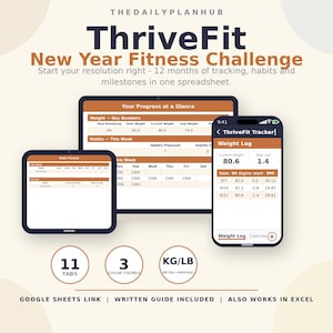 Könnte beinhalten: Eine digitale Fitness-Tracker-Tabelle mit dem Titel ThriveFit New Year Fitness Challenge, dargestellt auf einem Tablet- und Smartphone-Bildschirm. Sie enthält Gewichtsprotokolle, Gewohnheits-Tracking-Tabellen, 11 Registerkarten und 3 Farbthemen.