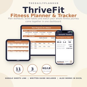 May include: A digital fitness planner and tracker titled ThriveFit, displayed on a tablet and smartphone screen. The interface shows progress charts, weight tracking, and workout schedules. Includes 11 tabs, 3 colour themes, and metric or imperial units.