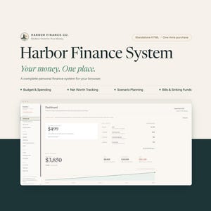 May include: The Harbor Finance System digital dashboard interface features a clean layout with sections for Budget and Spending, Net Worth Tracking, Scenario Planning, and Bills and Sinking Funds. The screen displays financial data, charts, and navigation menus.