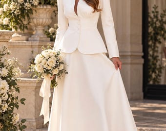 White Bridal Skirt Suit, Wedding Blazer and Midi Skirt, Elegant Civil Ceremony Outfit