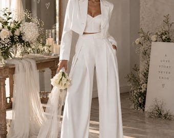 White 3 Piece Bridal Pantsuit with Top Tailored Blazer and Trousers Minimalist Wedding Suit