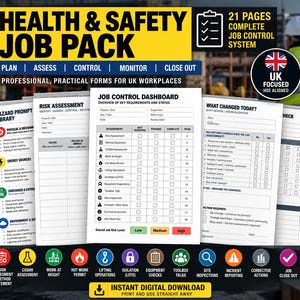 Op de afbeelding: Een digitaal gezondheids- en veiligheidspakket van 21 pagina's voor Britse werkplekken. De documentenset bevat een dashboard voor taakbeheer, risicobeoordelingsformulieren, een gevarenbibliotheek en bladen voor ploegendiensten.
